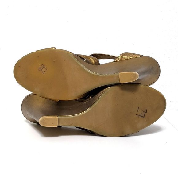 MICHAEL KORS Gold Leather Ankle Wrap Wedges 7.5 - Picture 6 of 9